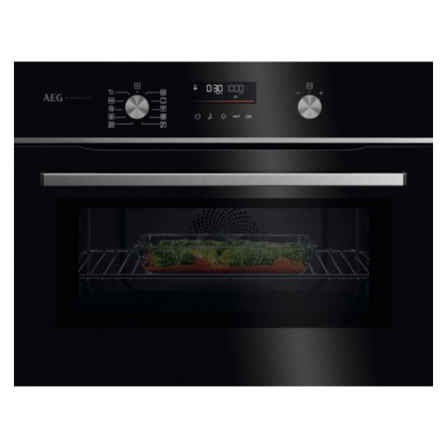 Aeg GK6NK40FB 59.5cm Compact Combi Microwave Oven - Gloss Black with Steel Trim
