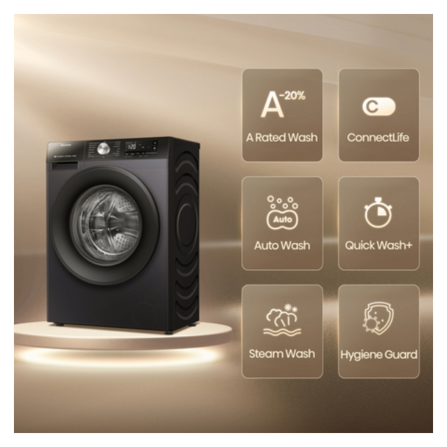 Hisense WF3S1043BB3 10.5Kg 1400 Spin Steam Washing Machine - Black