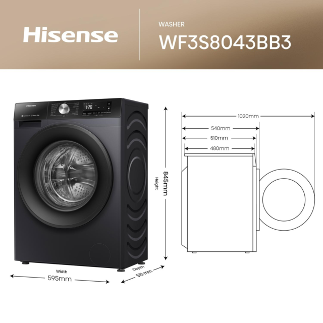 Hisense WF3S8043BB3 8Kg 1400 Spin Washing Machine - Black