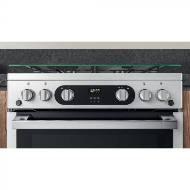 Hotpoint HDM67G0C2CX/U 60Cm Gas Double Cooker, Wok Burner, 10 Level Flame Control, Digital Display, 