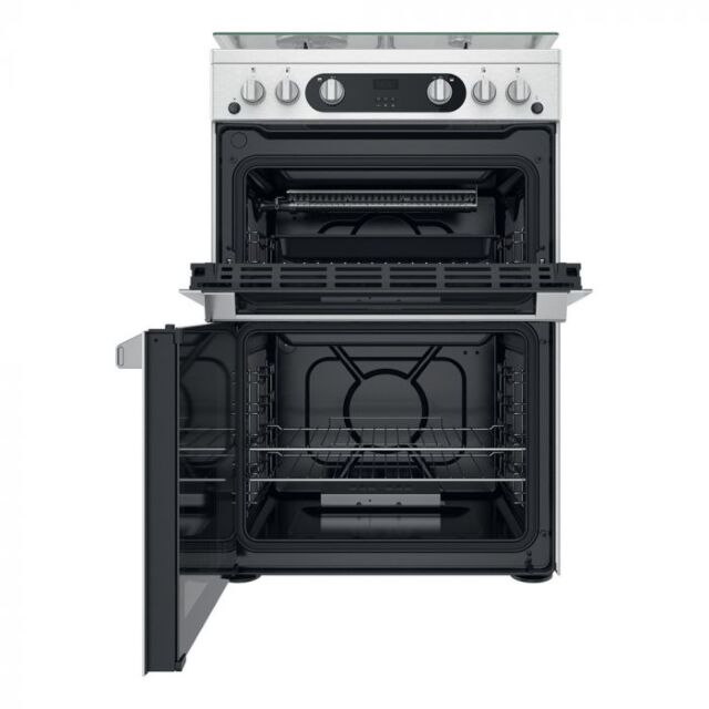 Hotpoint HDM67G0C2CX/U 60Cm Gas Double Cooker, Wok Burner, 10 Level Flame Control, Digital Display, 