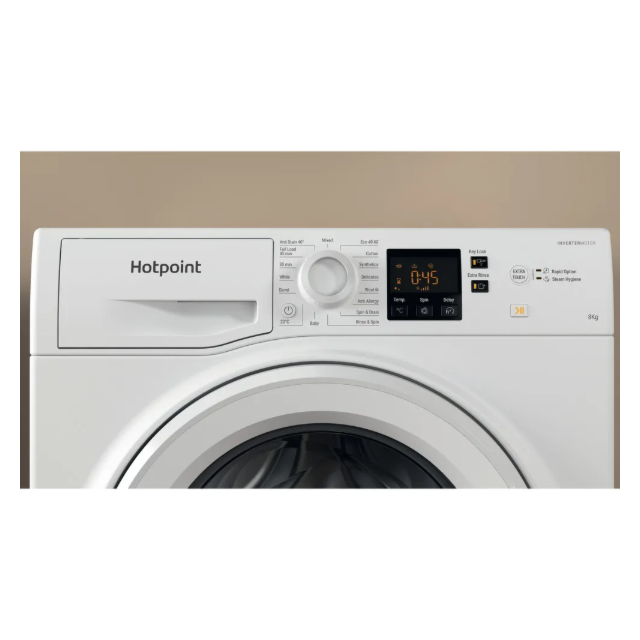 Hotpoint NSWM864CWUKN 8Kg 1600 Spin, Digit Plus,Anti Stain 40,Full Load 45,Steam Hygiene, Rapid Opti