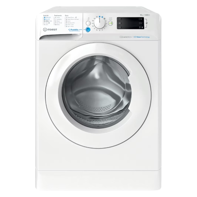Indesit BWE101496XWVUK A Energy, 10KG, 1400RPM, White, Big Digit, Push & Go with Steam, Water Balanc