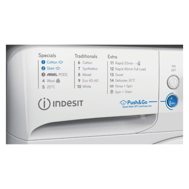 Indesit BWE101496XWVUK A Energy, 10KG, 1400RPM, White, Big Digit, Push & Go with Steam, Water Balanc