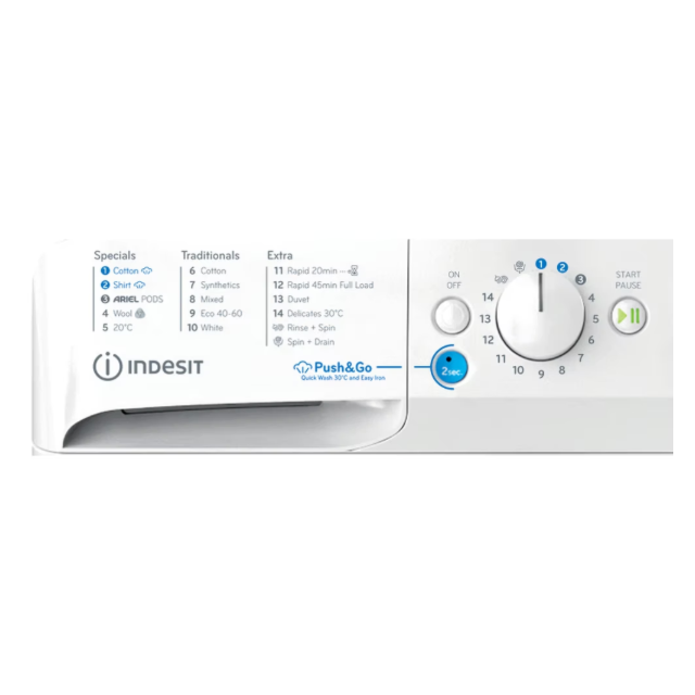 Indesit BWE101496XWVUK A Energy, 10KG, 1400RPM, White, Big Digit, Push & Go with Steam, Water Balanc
