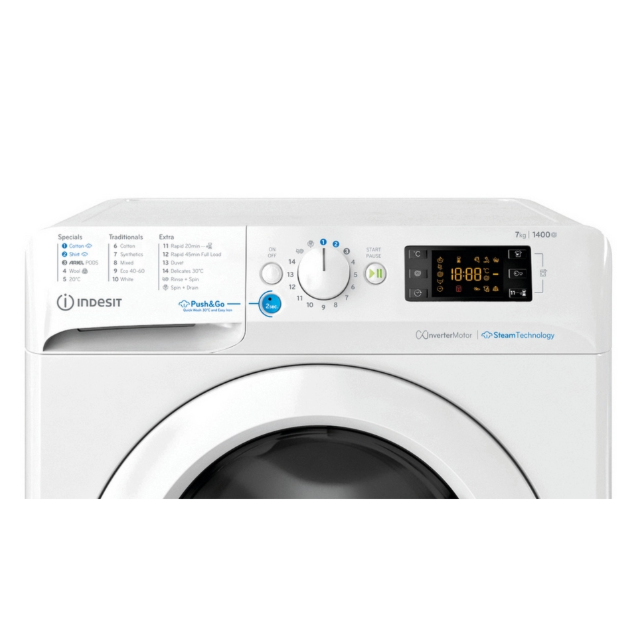Indesit BWE71496XWVUK A Energy, 7KG, 1400RPM, Black, Big Digit, Push & Go with Steam, Water Balance,