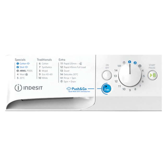 Indesit BWE81496XWVUK A Energy, 8KG, 1400RPM, White, Big Digit, Push & Go, Water Balance, Rapid Cycl