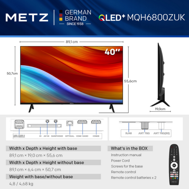 Metz 40MQH6800ZUK 40inch HD QLED TV with Freely Power