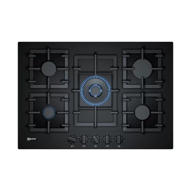 Neff T27CS59S0 75cm Black Tempered Glass, 5 burner, 4.0kW Wok burner, Cast Iron supports, FlameSelec