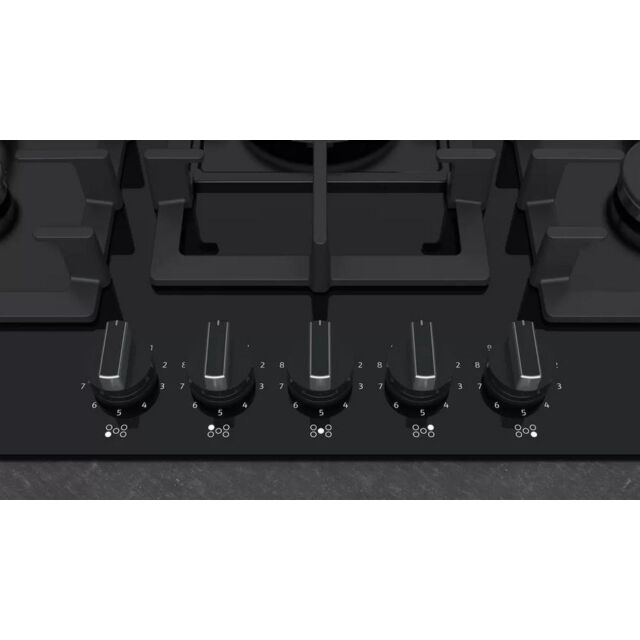 Neff T27CS59S0 75cm Black Tempered Glass, 5 burner, 4.0kW Wok burner, Cast Iron supports, FlameSelec