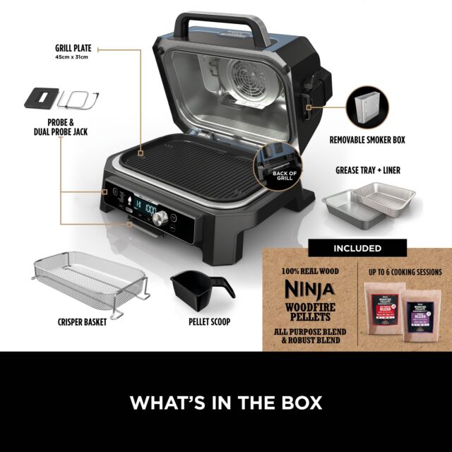 Ninja OG901UKSTANDKIT Woodfire Pro Connect XL Electric BBQ Grill & Smoker with Stand- Black/Blue