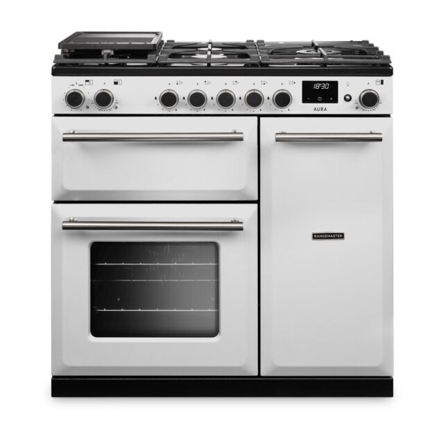 Rangemaster AURA90DFP/19323 Aura 90cm Dual Fuel White - Brushed Nickel trim