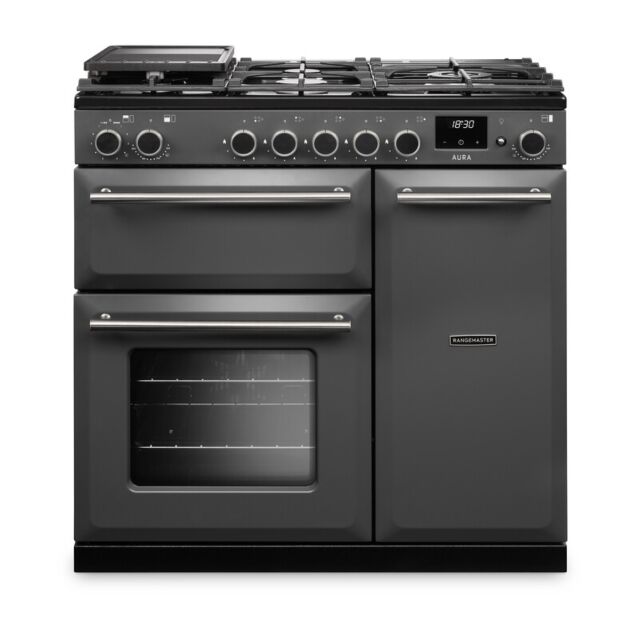 Rangemaster AURA90DFP/19325 Aura 90cm Dual Fuel Slate - Brushed Nickel trim