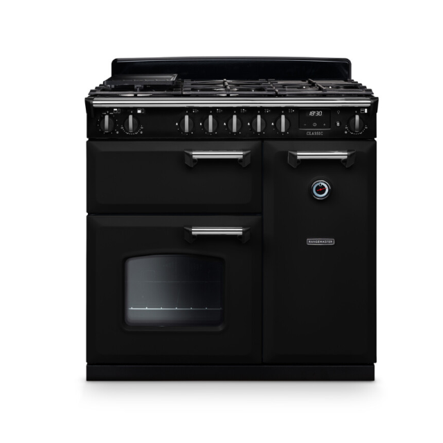 Rangemaster CL90DFPGBL/CM1 14150 Classic 90cm Dual Fuel Range Cooker Gloss Black / Chrome, A Rated