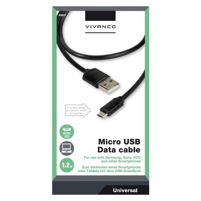 Vivanco 36251 Micro USB 2.0 Connection, USB A-Plug To USB Micro B-Plug Black 1.2M