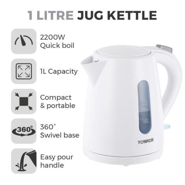 Tower T10029W Kettle 1 Litre Capacity In White 