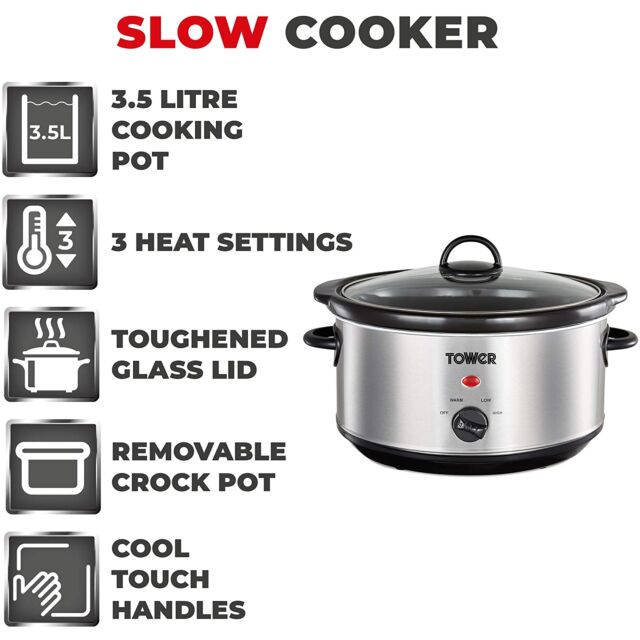Tower T16039Y Stainless Steel Slow Cooker 3.5L