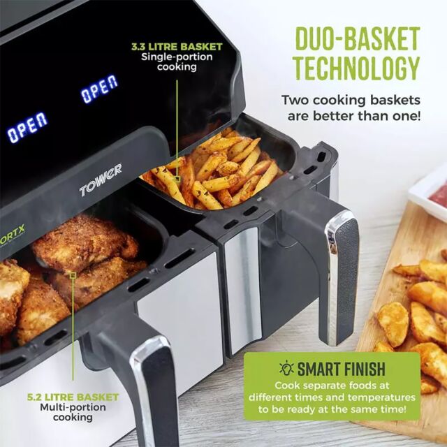Tower T17099 Air Fryer Twin Drawer, One Large One Small