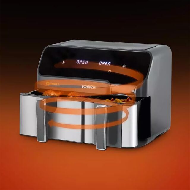 Tower T17099 Air Fryer Twin Drawer, One Large One Small