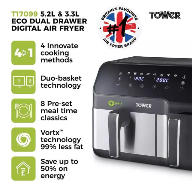 Tower T17099 Air Fryer Twin Drawer, One Large One Small