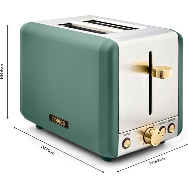 Tower T20036JDE Cavaletto 2 Slice Toaster S/S Jade And Champagne Accents