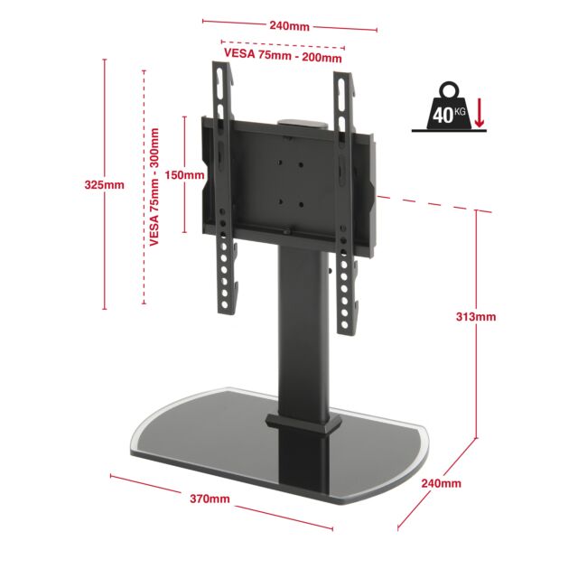 TTAP TT22S Fits TVs up to 43inch 8mm Glass base, 3 Hgt adj, Wgt 40Kg, 200 x 200 Vesa