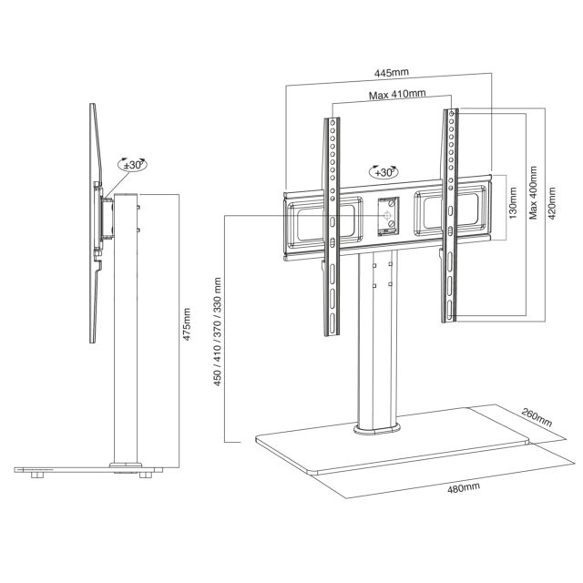 TTAP TT44S Fits TVs up to 55inch 8mm Glass base, 3 Hgt adj, Wgt 30Kg, 400 x 400 Vesa
