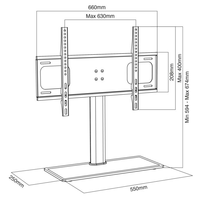 TTAP TT64F Fits TVs up to 60inch 10mm Glass base, 3 Hgt adj, Wgt 30Kg, 600 x 400 Vesa