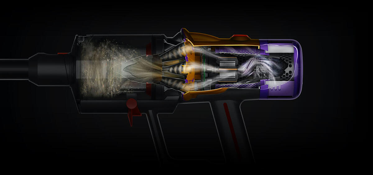Cutaway diagram revealing the centrifugal forces in the V12-2023's bin.