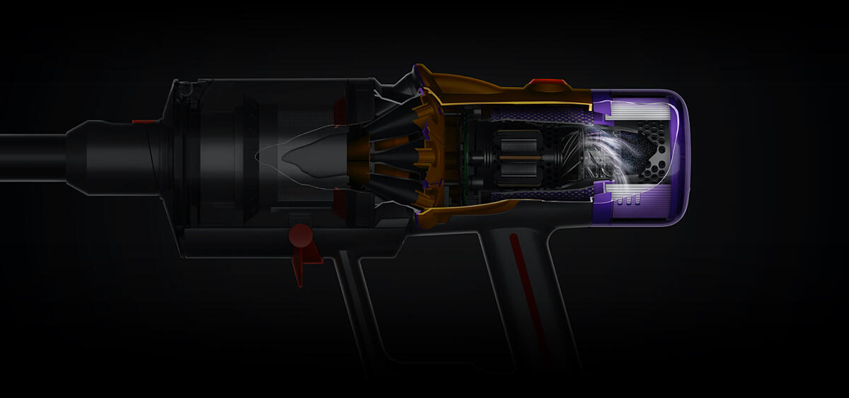Cutaway diagram revealing the tightly corrugated filter wrapped around the motor.